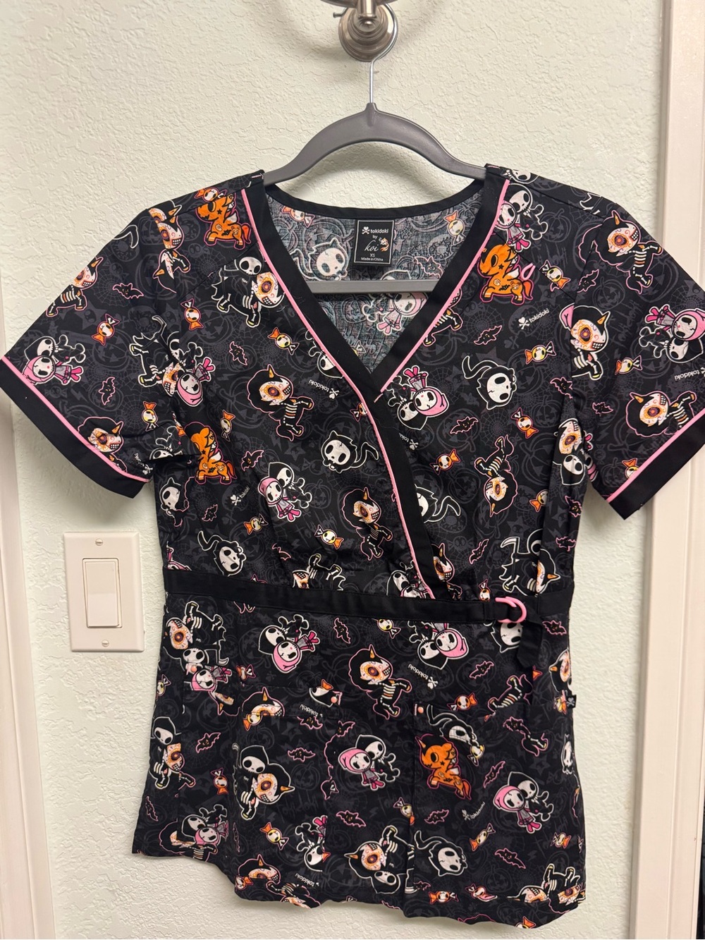 tokidoki Black Halloween Character Wrap Top with Pink Trim